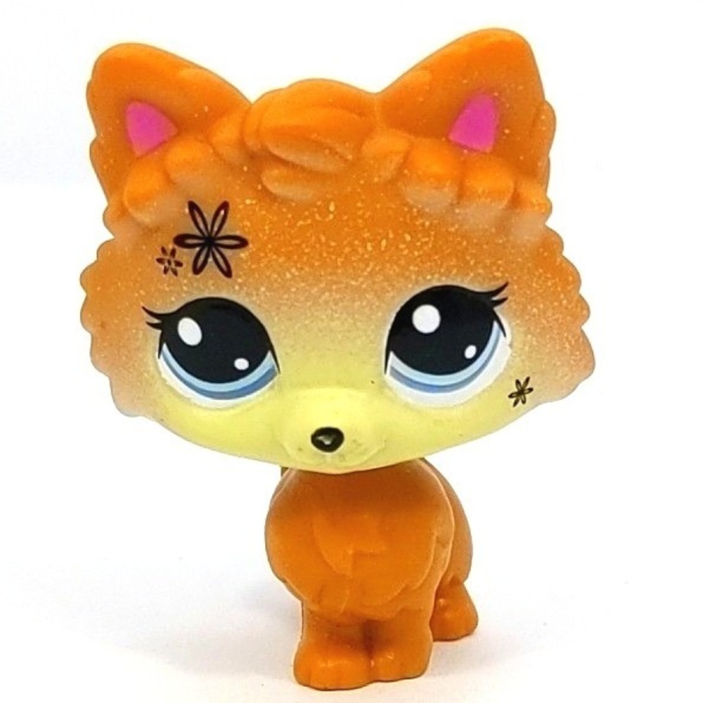 LPS Littlest Pet Shop 2597 Orange‎ Pomeranian Dog Flower Glitter Face Figure Toy